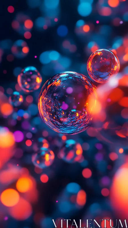 Macro luminous soap bubbles with neon bokeh depth of field