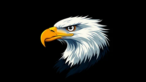 Bald eagle head in bold vector art style on black background.