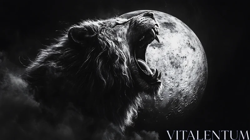 Roaring lion silhouettes against a glowing full moon night