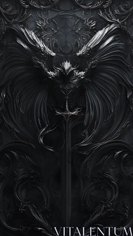 Baroque gothic sword emblem with winged ornamental symmetry.