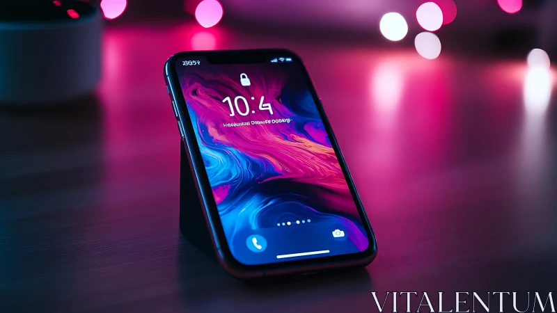 Smartphone with Abstract Digital Display in Neon Environment.