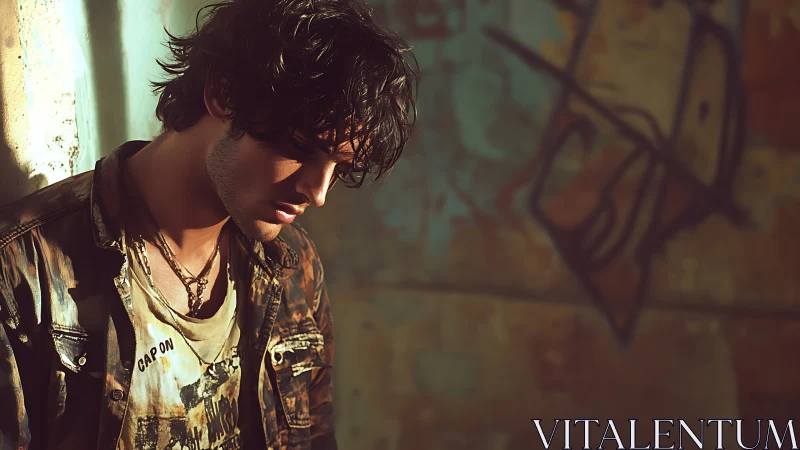Melancholic young man in golden side light near graffiti wall.