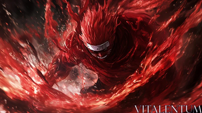 Fiery anime warrior surging forward through scarlet storm.
