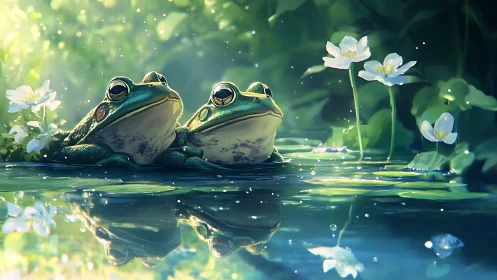 Two cozy frogs sharing sunlit daydreams by the pond.