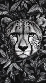 Monochrome cheetah portrait framed by dense botanical foliage