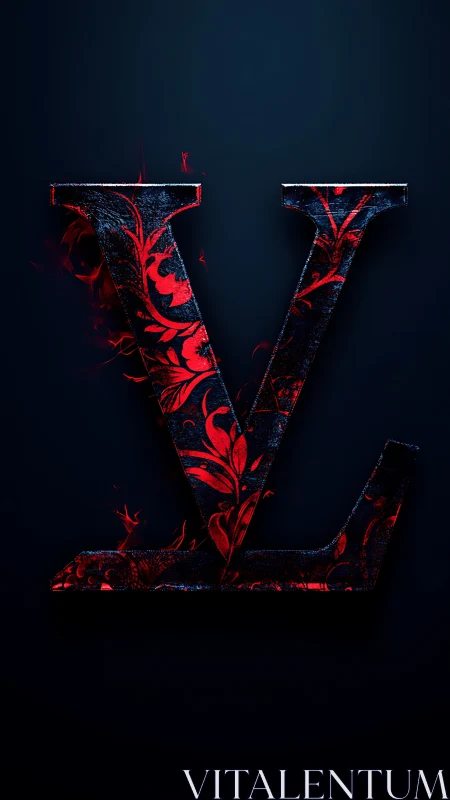 Stylized letter V displays red floral motif on dark field