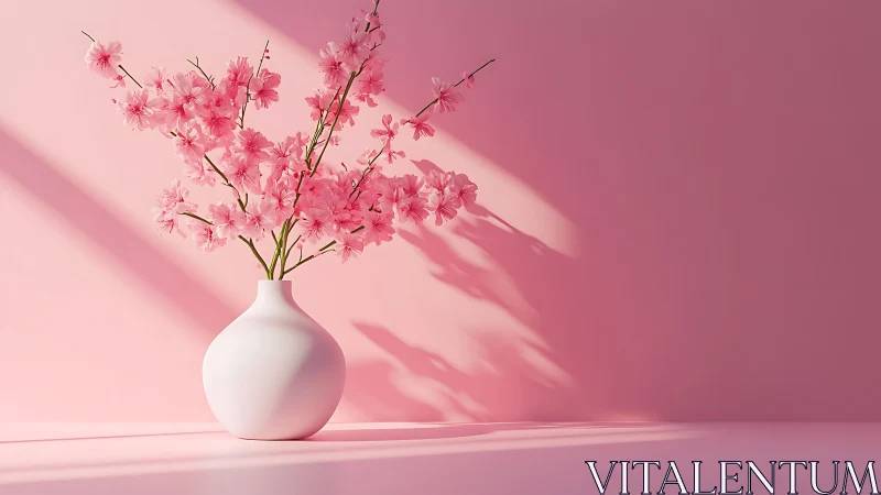 Pink Blossoms in Spherical Vase Against Monochromatic Wall.