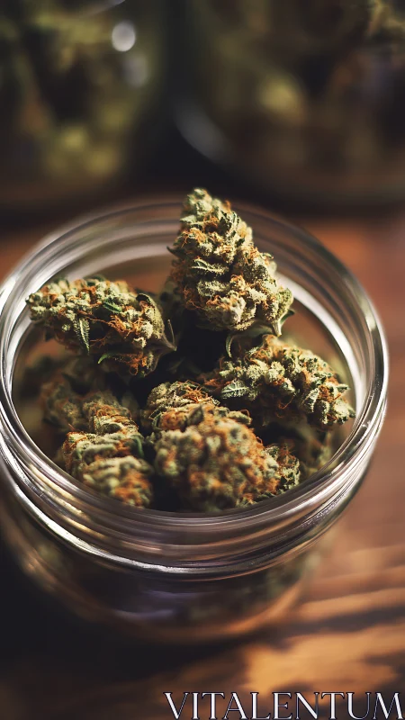 Glass jar with dried cannabis buds on wooden surface.
