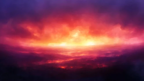 Fiery twilight horizon over misty darkened valley landscape.