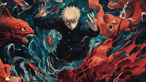 Male figure among red aquatic creatures in turbulent water.