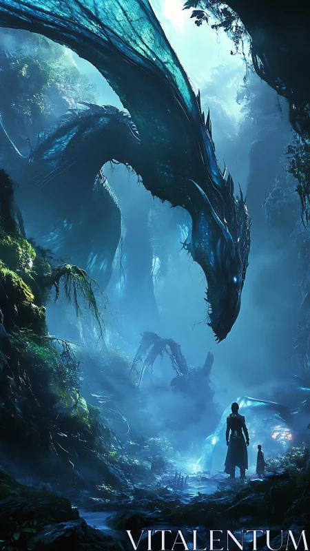 Forest-born leviathan bends low to greet the wandering pair