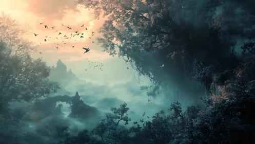 Mystical Mountain Valley Shrouded in Ethereal Mist