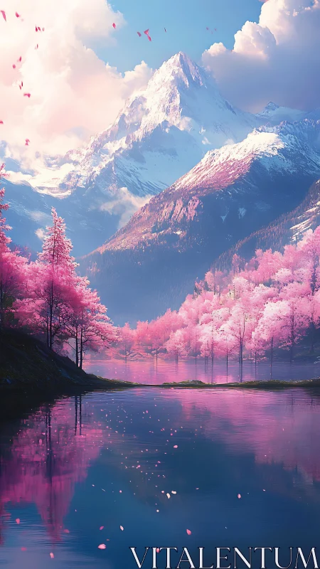 Pink forest lake beneath snowcapped alpine mountain peak.