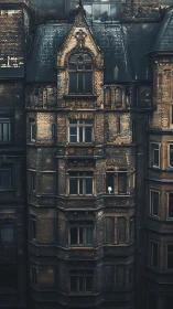 Gothic brick facade frames single glowing interior lamp.