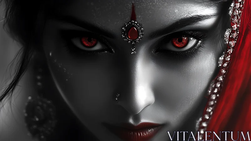 Monochrome portrait isolates red eyes and jeweled forehead bindi