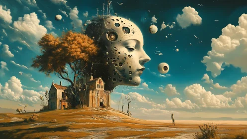 Surreal biomechanical sky head hovers above desolate rural homestead