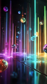 Chromatic pillars serenade drifting prism orbs in neon dusk