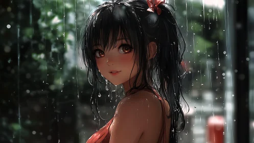 Rain-soaked girl in backlit anime portrait with bokeh highlights.
