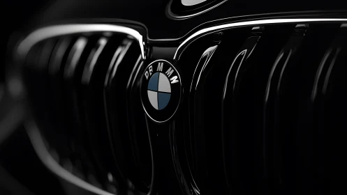 Close-up of BMW front grille and emblem in low light.