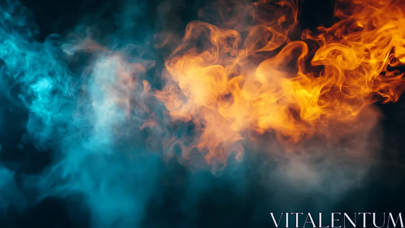 Contrasting orange and cyan smoke plumes occupy dark space