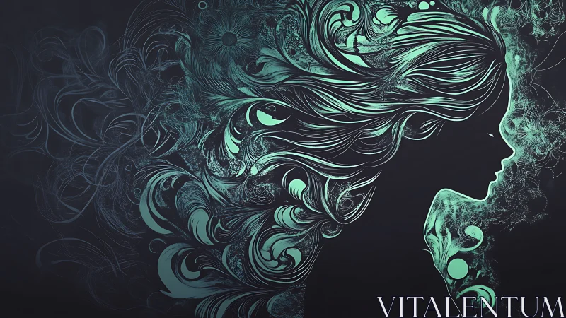 Silhouette girl merges with teal flowing abstract hair forms.