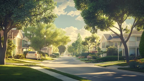 Sunlit suburban street welcomes a calm, tree-lined stroll