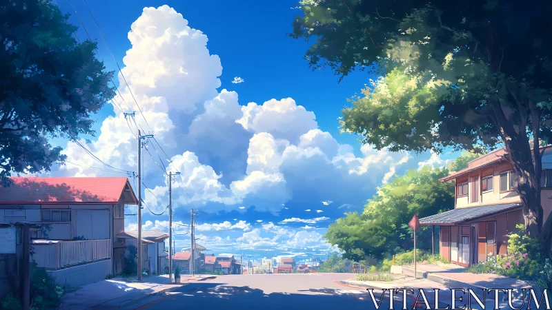 Sunlit coastal street under towering summer clouds