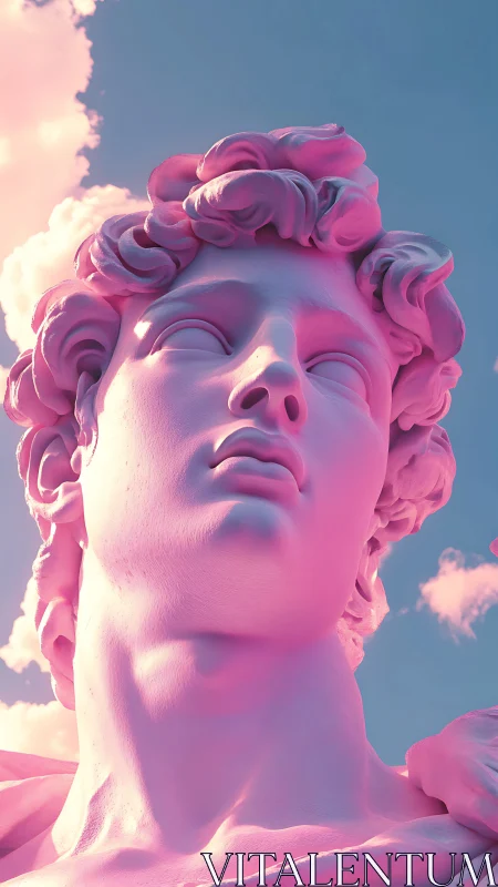 Pink neoclassical statue head rendered against blue sky