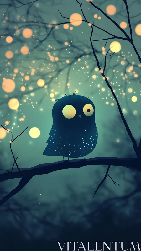 Stylized owl on branch amid glowing forest orbs at night.