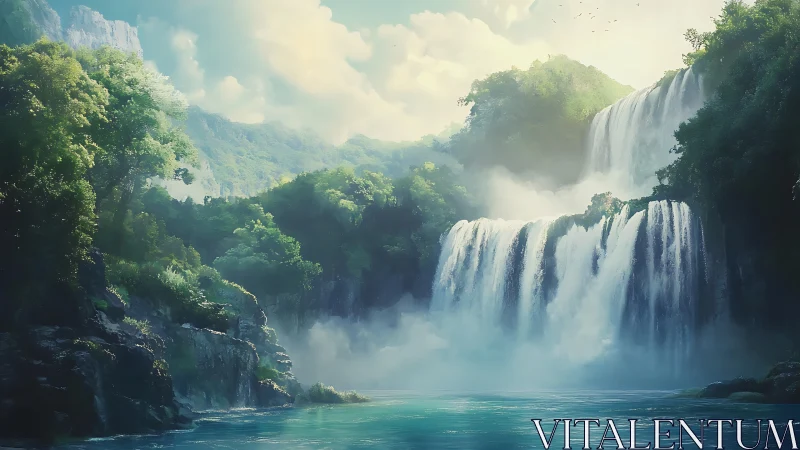 Cascading emerald falls in misty fantasy rainforest basin.