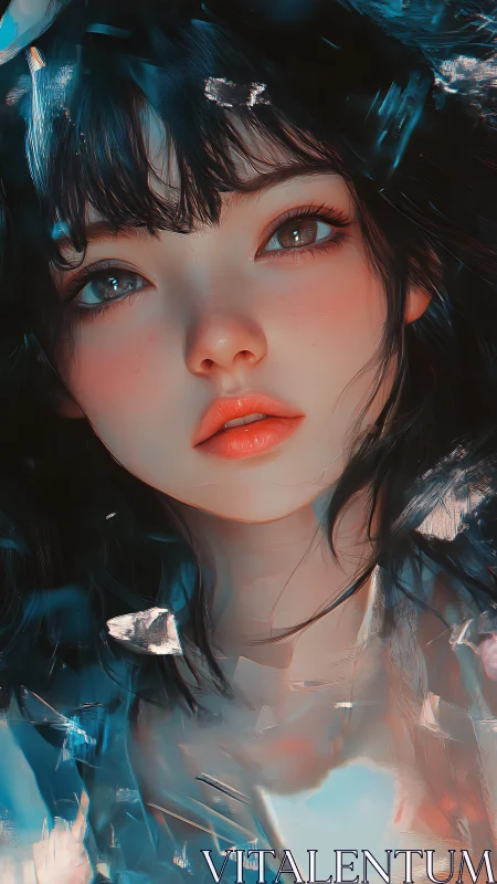 Hyperreal digital portrait of girl amid refractive shards