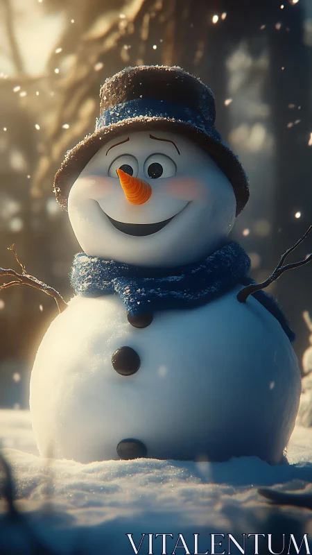 Cheerful snowman in glowing forest bokeh lightscape.