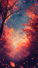 Autumn foliage canopy frames luminous sky in digital painting