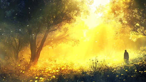 Luminous golden forest glade with cloaked solitary figure at dawn