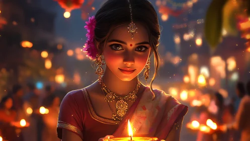 Digital portrait of girl holding diya in festive night glow.