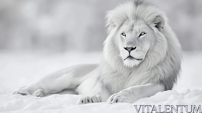 Snow white lion resting in a calm winter dreamscape.