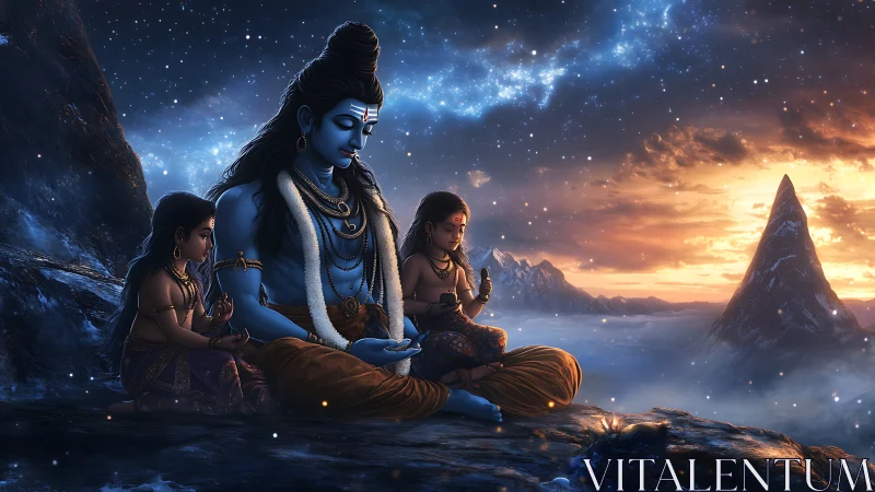 Blue-skinned deity meditating on mountain ridge at sunrise