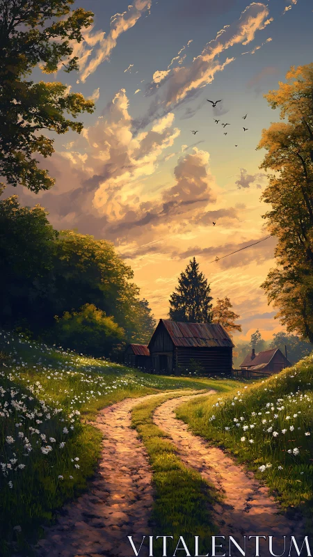 Rural dirt road curves toward wooden cabins at sunset sky