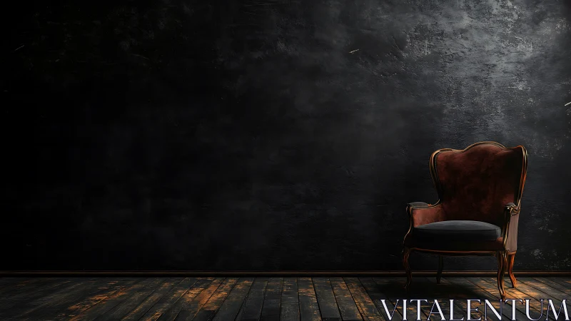 Vintage armchair in dark empty room with wooden floor.