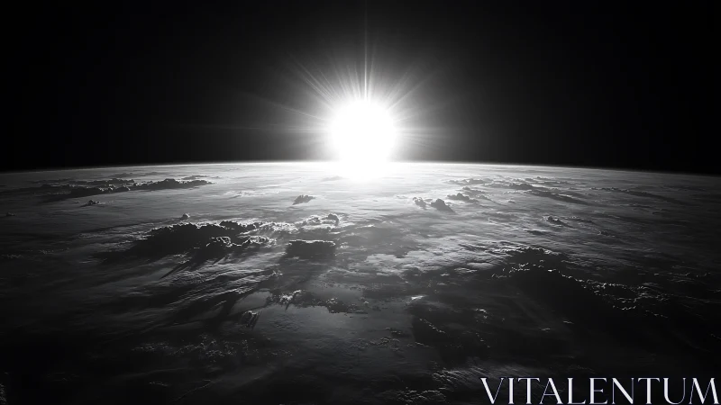 Solar horizon bursts over cloud-laced planetary surface.