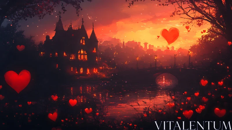 Enchanted Castle at Sunset with Floating Hearts