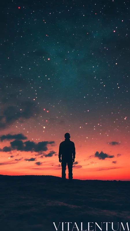 Silhouette observer under star-dense twilight sky gradient