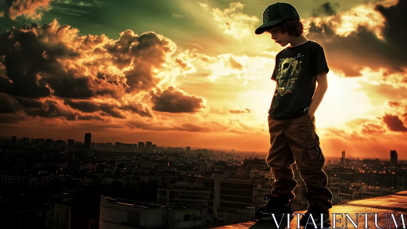 Youth Contemplation at Sunset Over Urban Landscape
