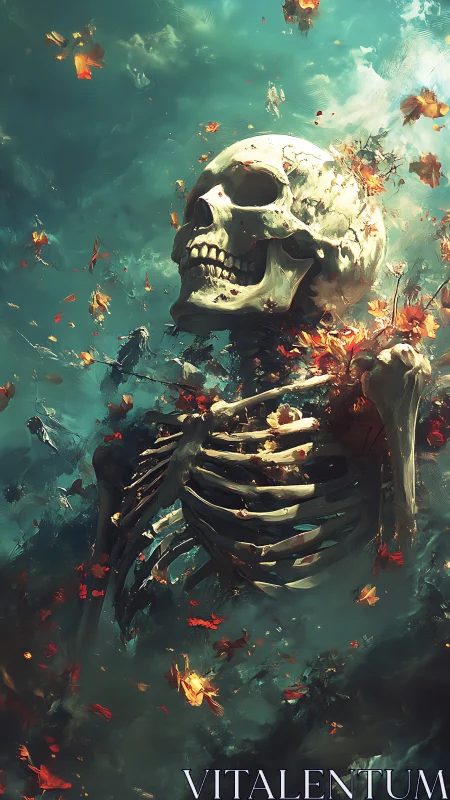 Skeleton in a storm of petals and drifting ocean light.