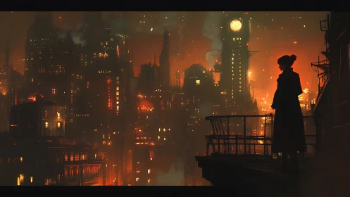 Solitary figure watches a burning steampunk city at dusk