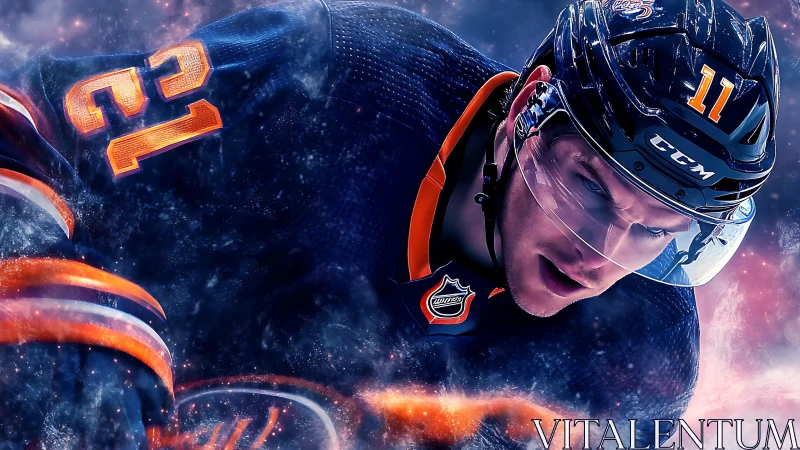 Intense hockey forward charging through cosmic ice storm.