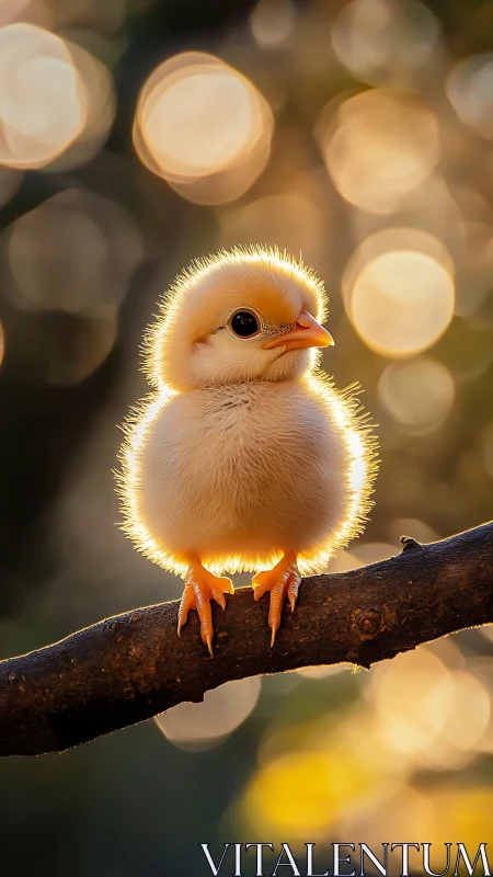 Golden chick perched on branch bathed in warm light