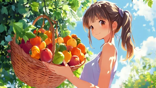 Sunlit anime harvest scene with high-saturation fruit color gamut