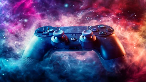 Game controller suspended in colored nebula-like vapor.