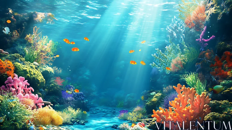 Coral reef ecosystem under clear water with tropical fish.